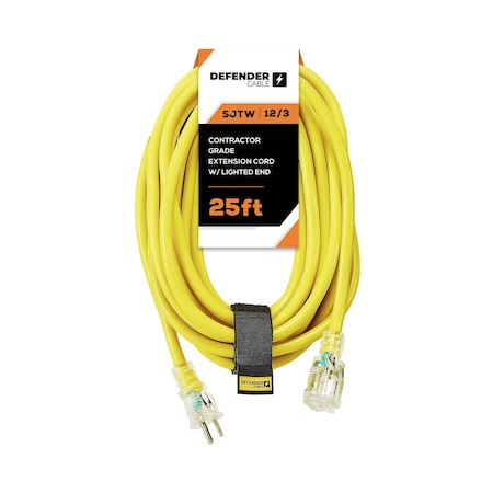 12/3 Gauge, 25 Ft SJTW W Lighted End, UL And ETL Listed Contractor Grade Extension Cord